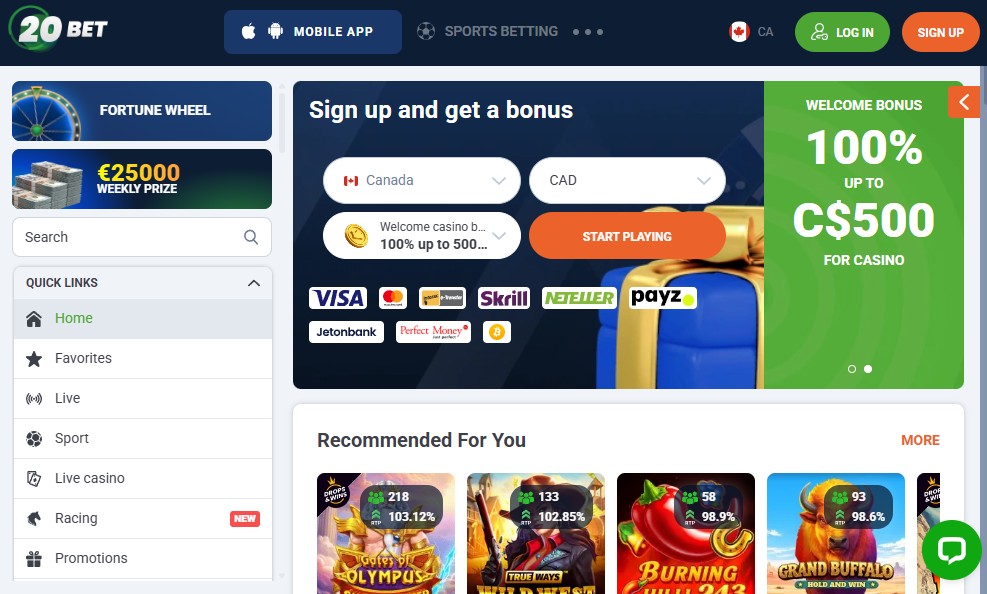 20Bet Casino homepage welcome bonus