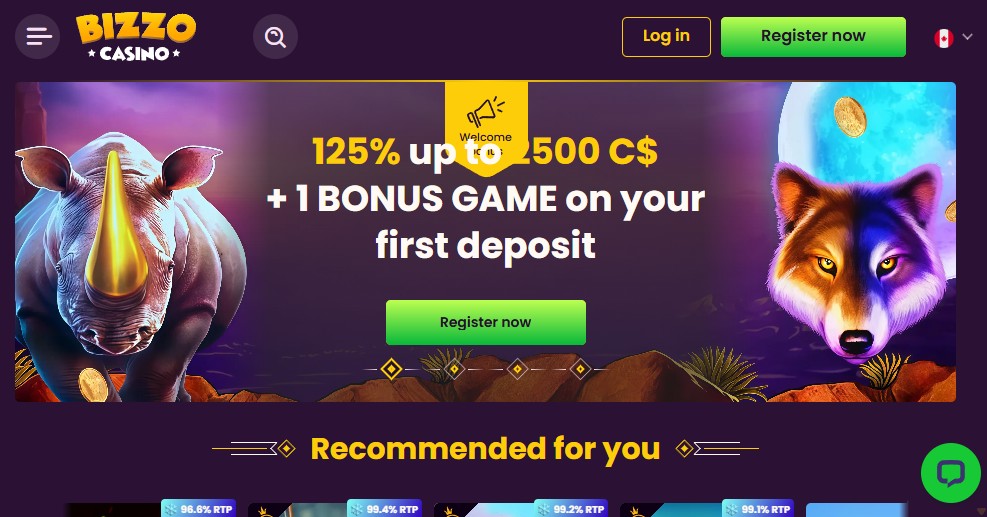 Bizzo Casino homepage welcome bonus 125 percent C$2500 free spins