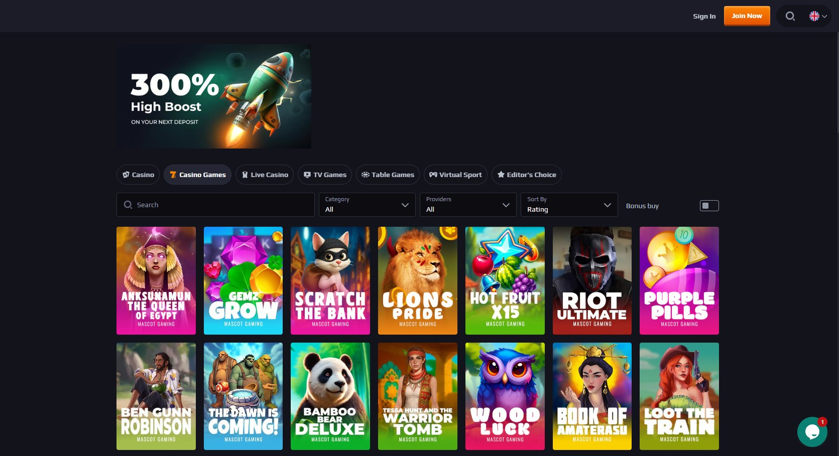 Blaze Spins Casino game lobby with 15000 plus titles
