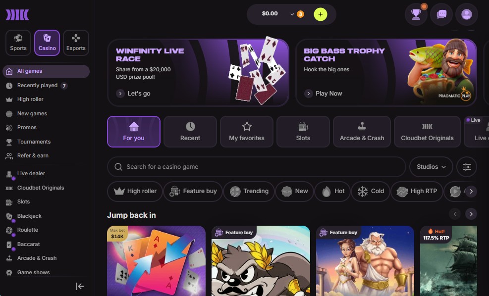 Cloudbet Casino lobby – game selection and sportsbook