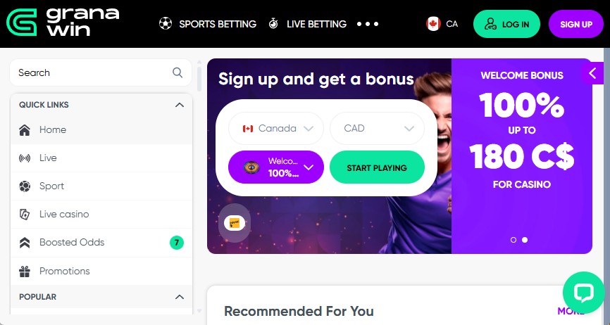 Granawin Casino homepage welcome bonus 100 percent 120 free spins