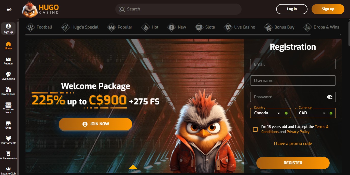 Hugo Casino homepage welcome bonus 225% up to 600 euros plus 275 free spins