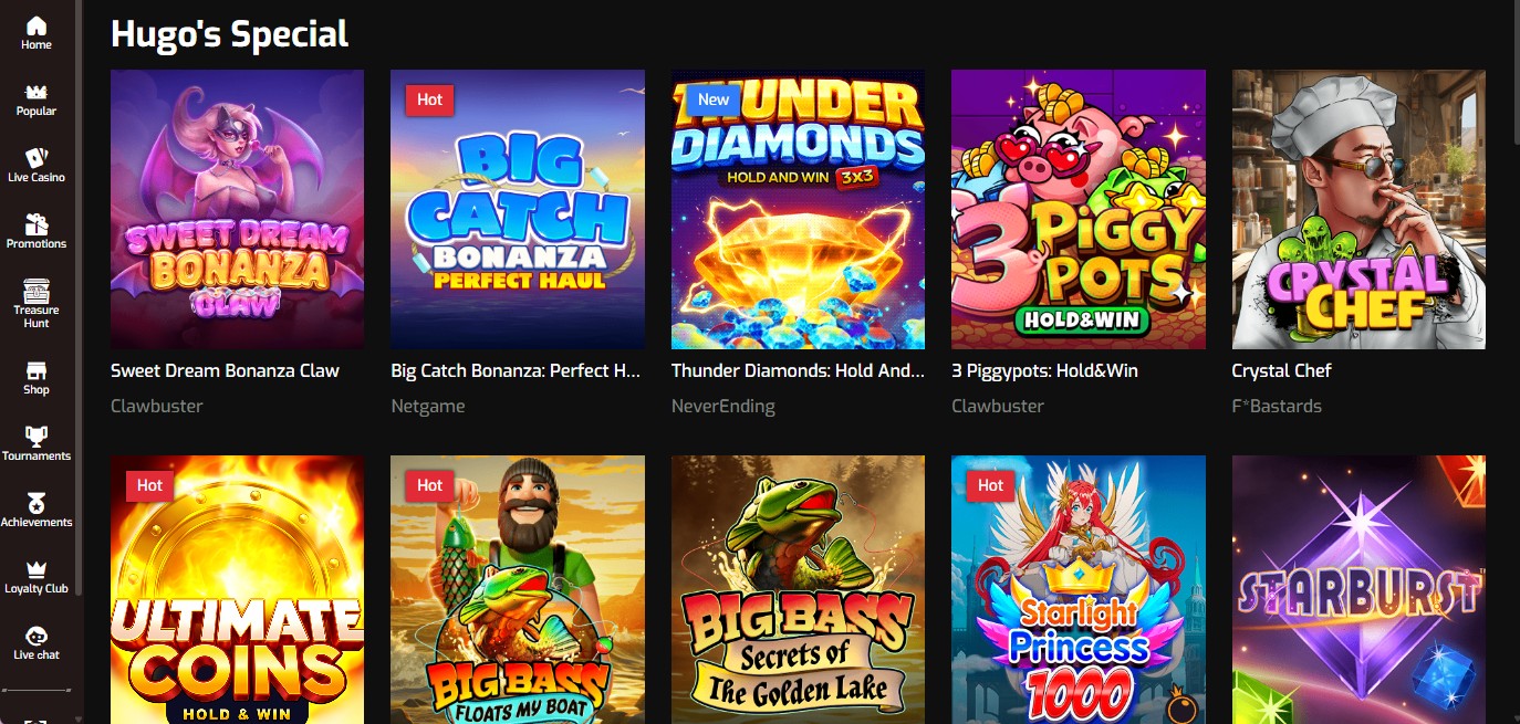 Hugo Casino daily Treasure Hunt bonus map and loyalty program