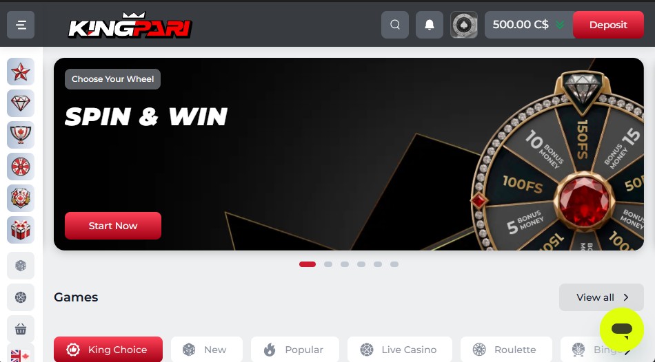 King Pari Casino homepage welcome bonus 10-deposit package 1230 free spins Canada