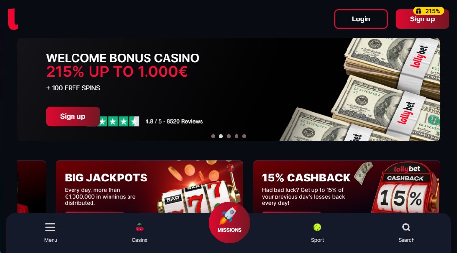 Lolly Bet Casino homepage with welcome bonus and sportsbook