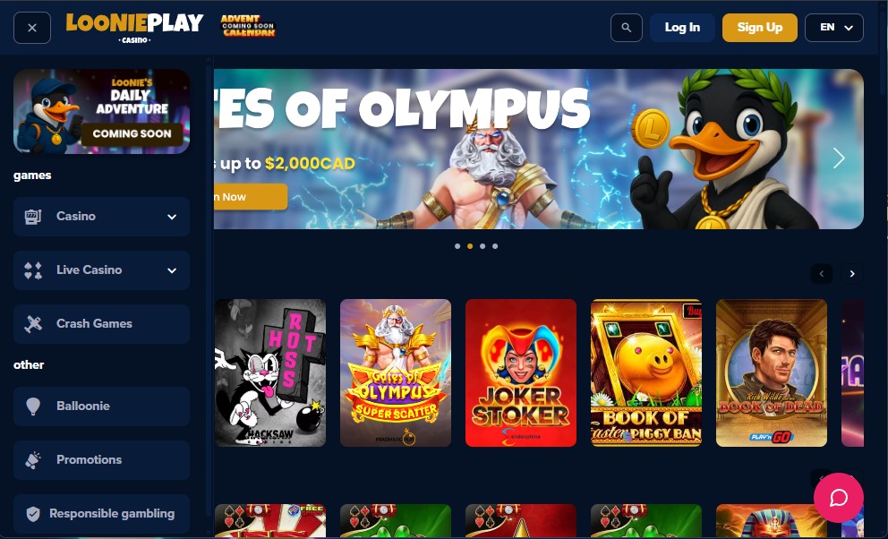 LooniePlay Casino homepage — Canada-focused online casino welcome bonus and Loonie Family branding