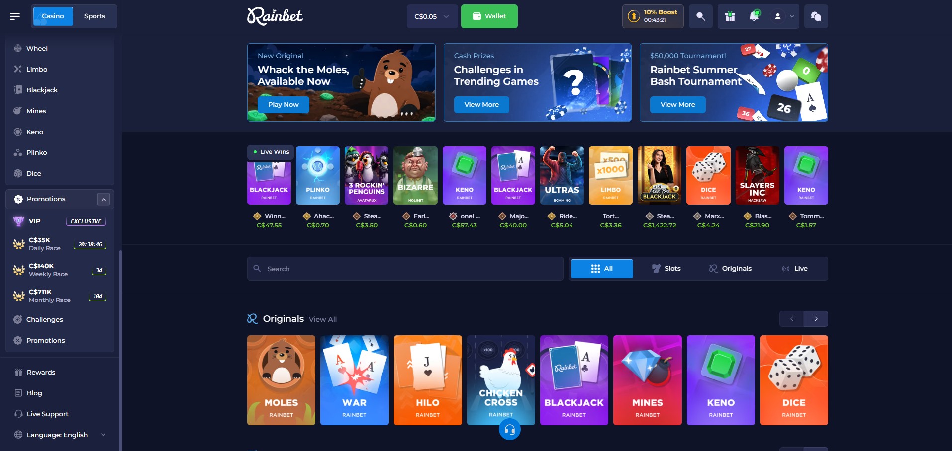 Rainbet Casino lobby