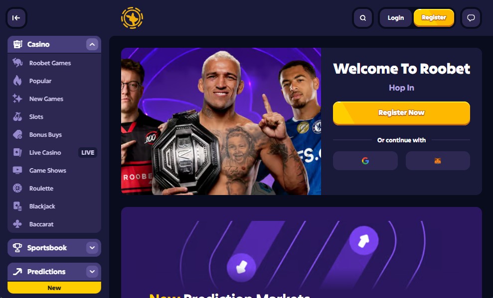 Roobet Casino homepage — 7500+ games, exclusive house games, Snoop Dogg partnership