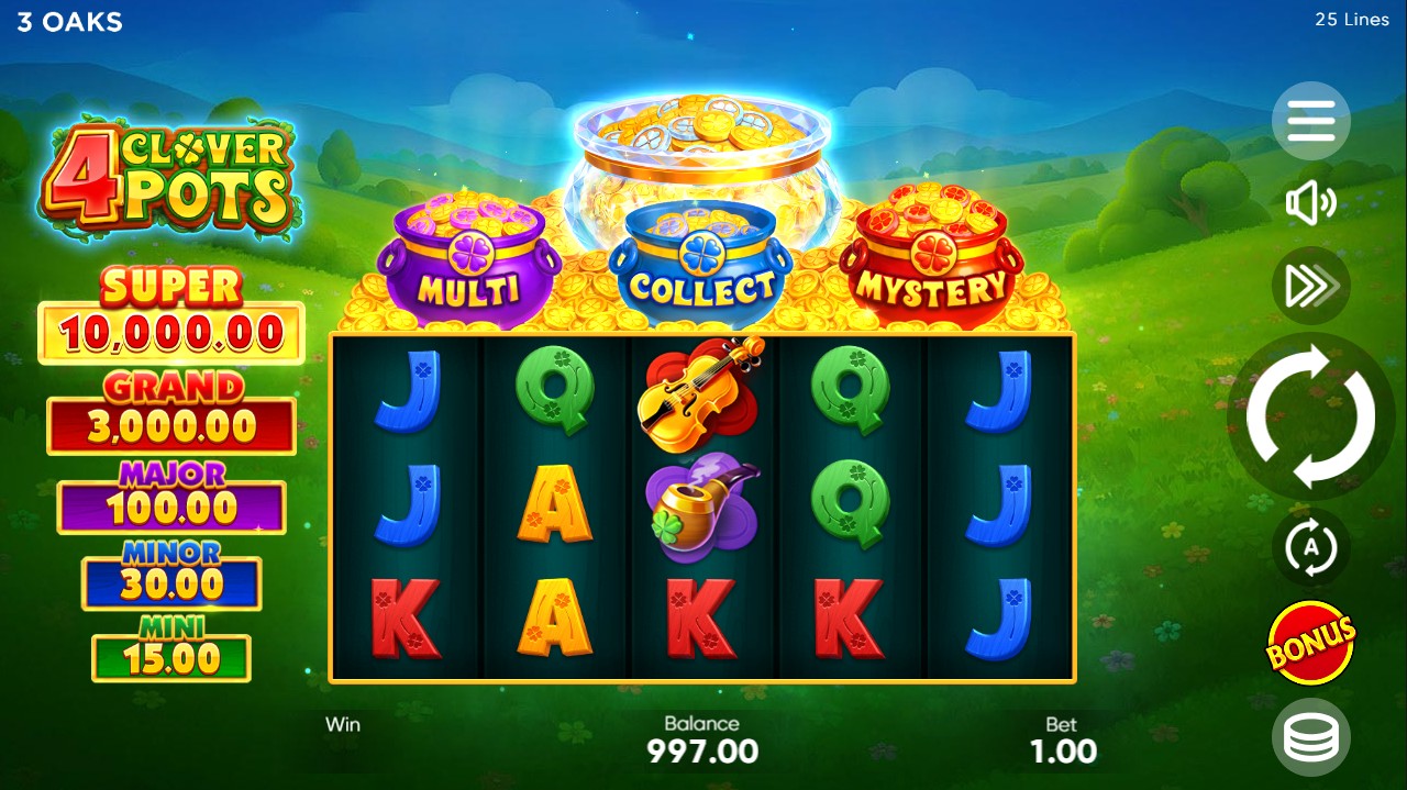 4 Clover Pots by 3 Oaks Gaming – base game, 96% RTP, High volatility, 5 reels 25 paylines