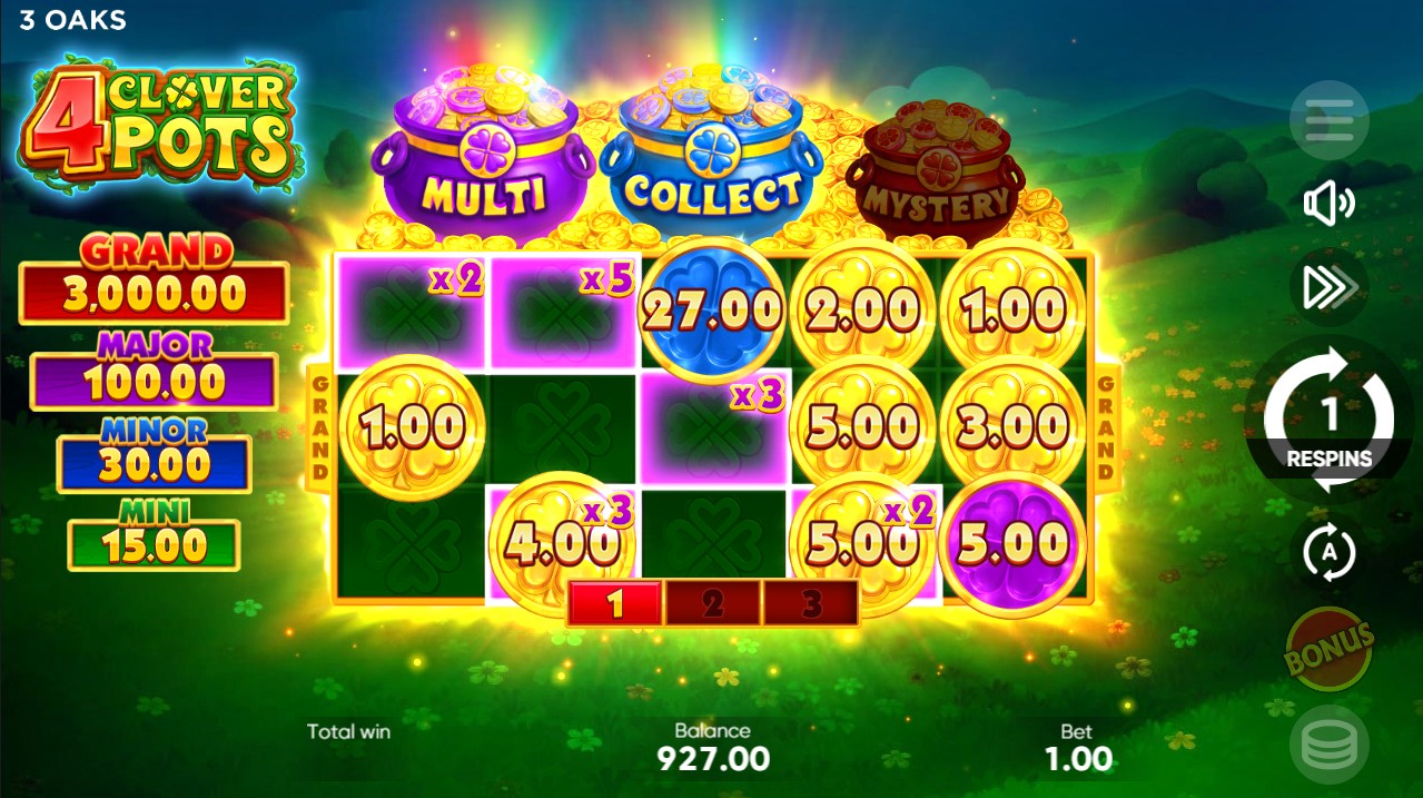 4 Clover Pots by 3 Oaks Gaming – 96% RTP High volatility 15,000x max win bonus round