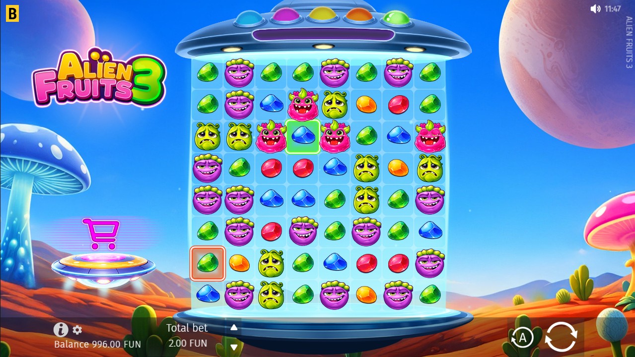 Alien Fruits 3 by BGaming – base game 8 reels Cluster Pays alien fruit theme