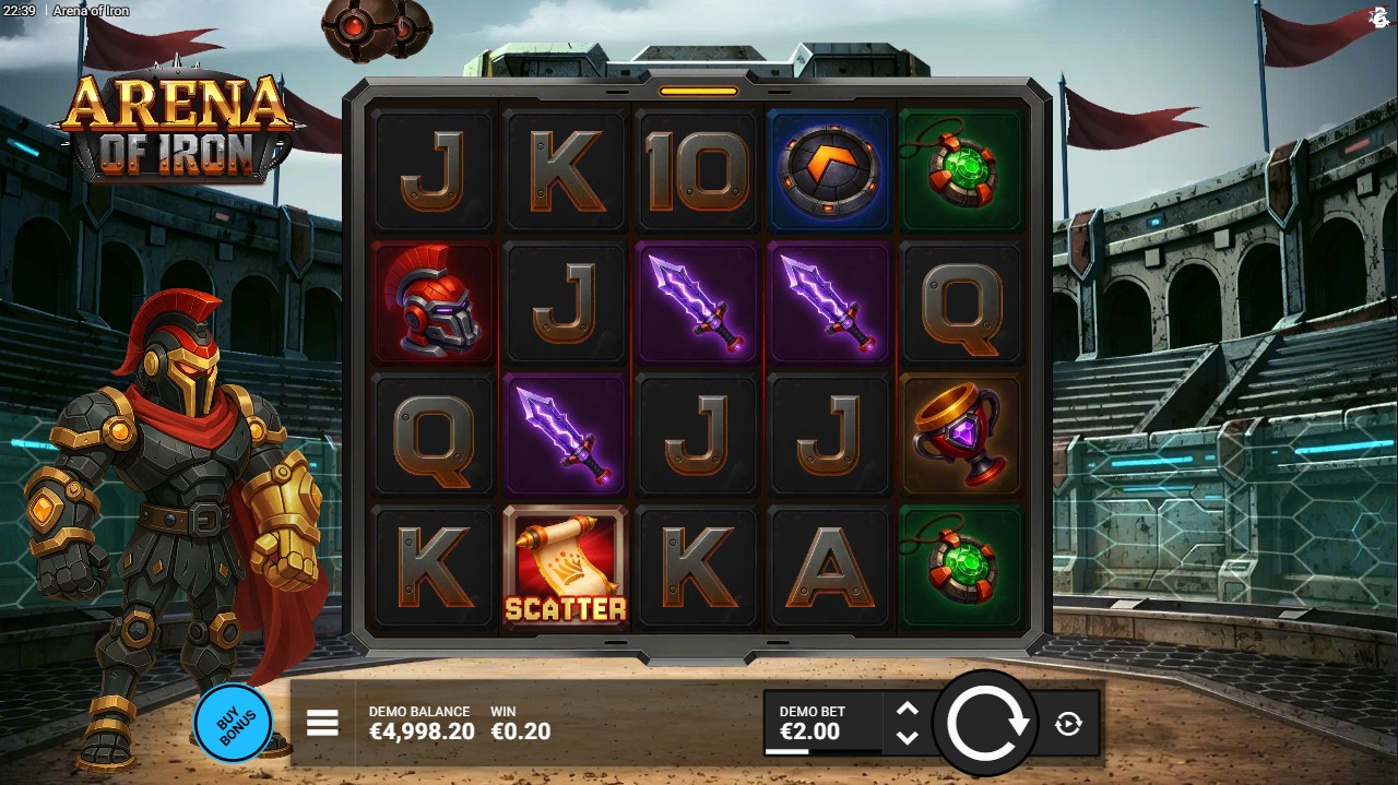 Arena of Iron base game — 5-reel 20-payline layout with mechanical gladiator Wild