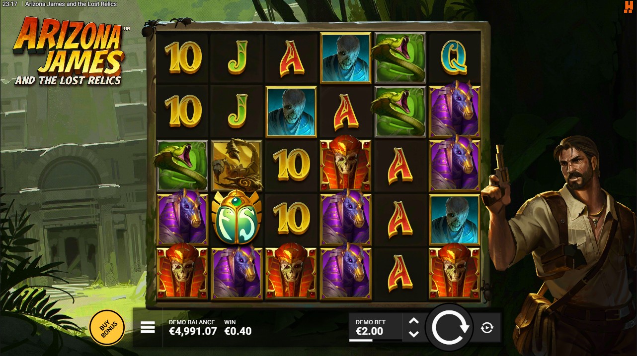 Arizona James and the Lost Relics by Hacksaw Gaming — base game 6×5 cluster pays Medium volatility 96.28% RTP 38.7% hit frequency