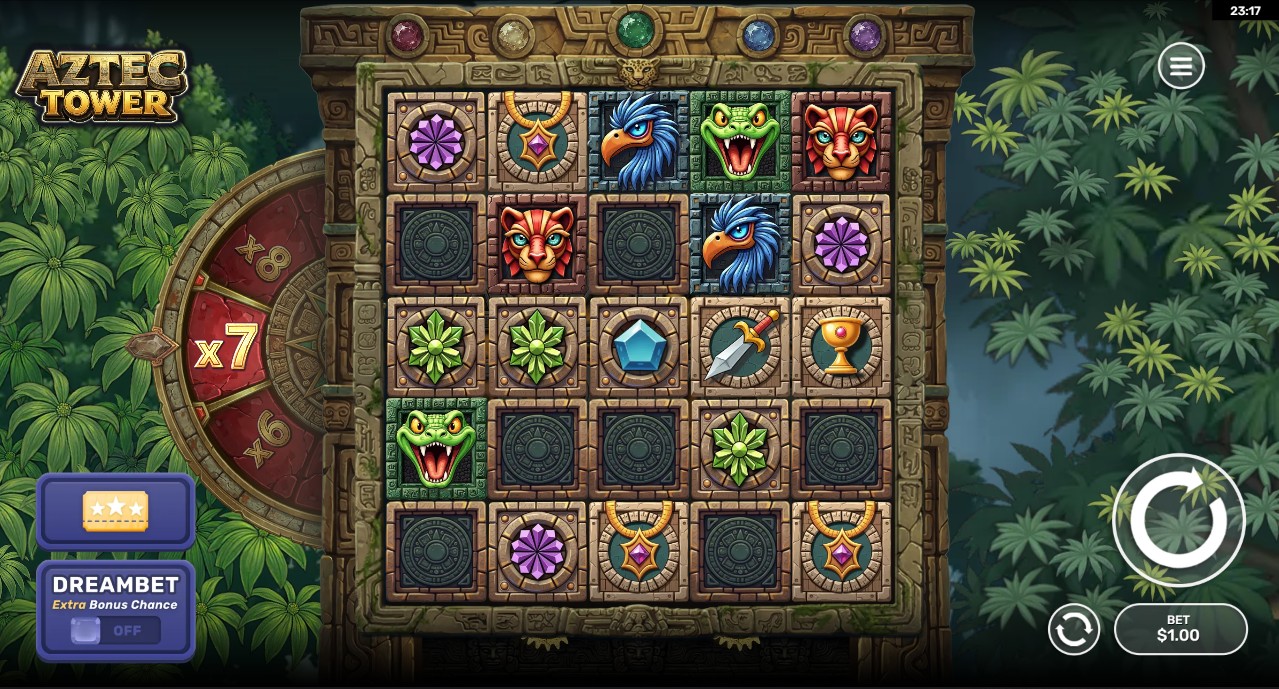 Aztec Tower by Dreamspin – base game 5 reels scatter pays Aztec theme
