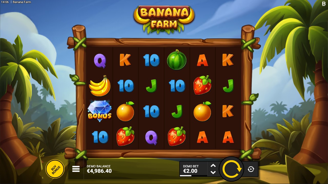 Banana Farm by Backseat Gaming – base game 6x4 grid 14 paylines Wild Tree expanding wilds