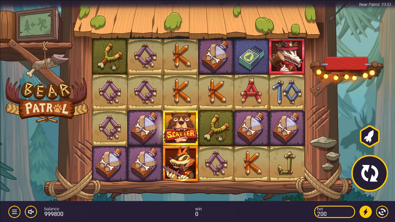 Bear Patrol by Peter & Sons — base game 6×4 grid 4,096 ways to win High volatility 96.26% RTP