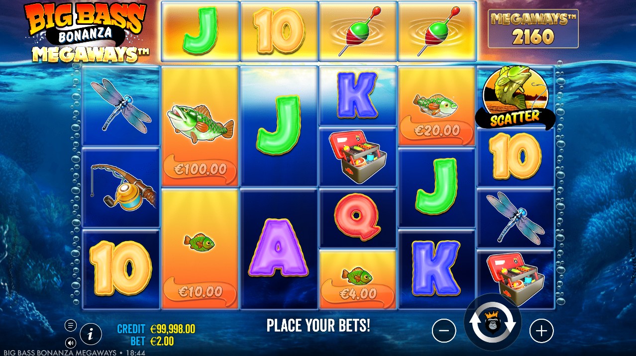 Big Bass Bonanza Megaways base game grid with variable reel heights