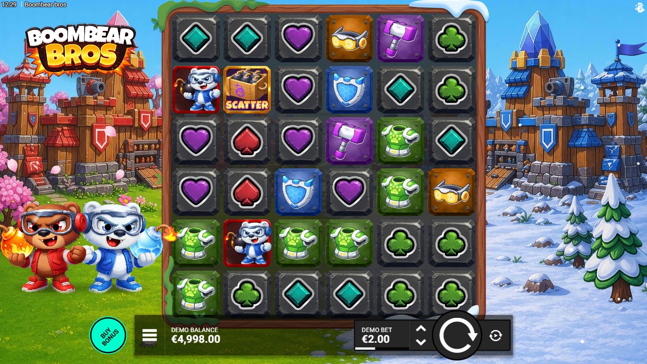 Boombear Bros by Bullshark Games – base game 6x6 cluster pays grid with Power Bomb mechanics