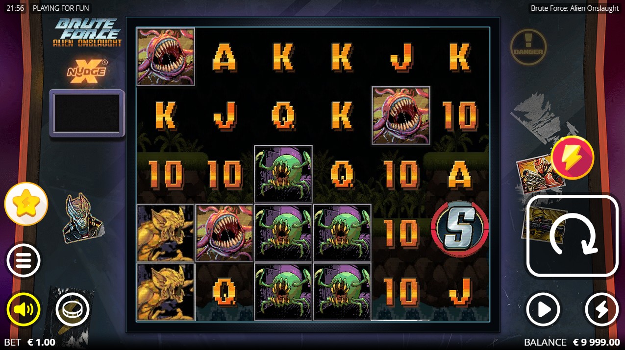 Brute Force Alien Onslaught by Nolimit City – base game 6 reels 30 paylines xNudge engine sci-fi theme