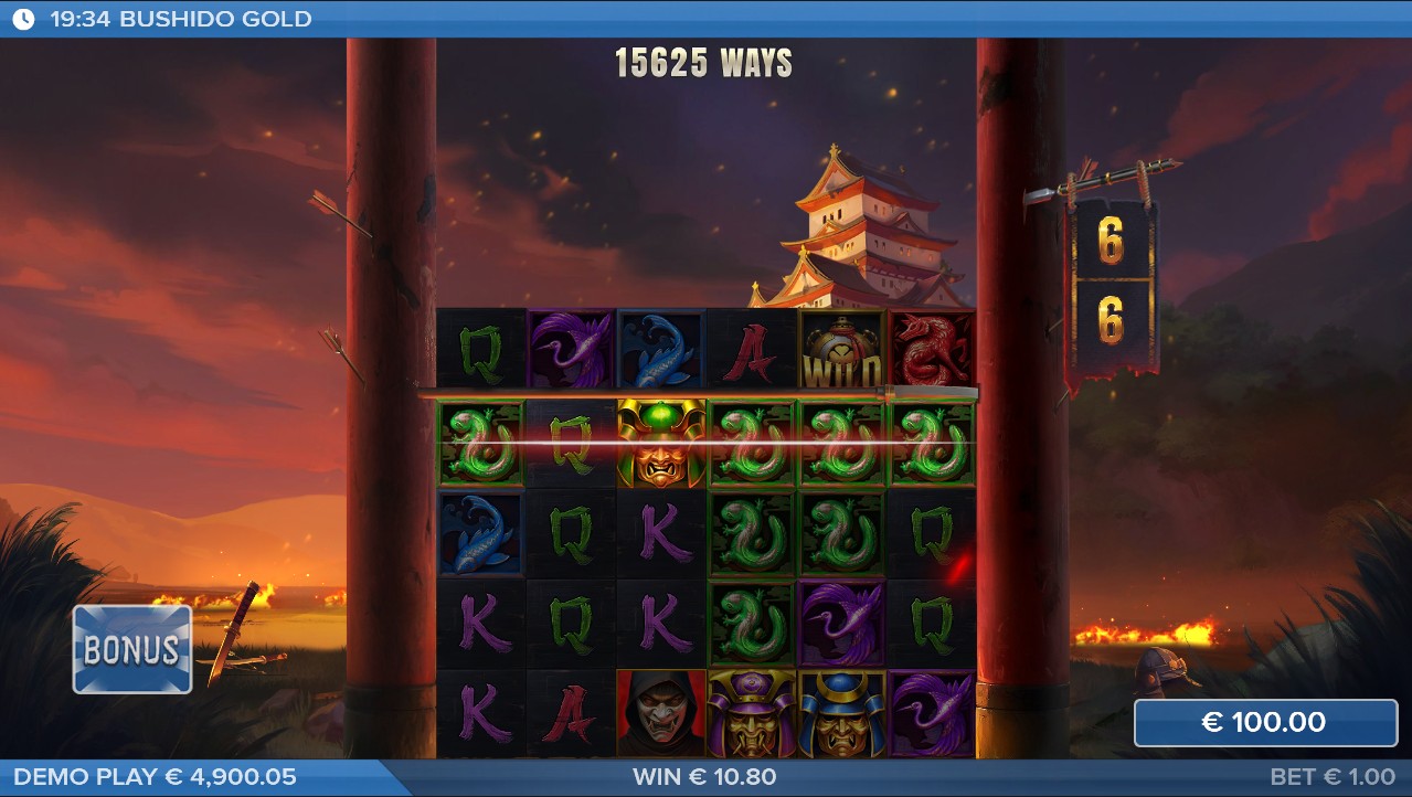 Bushido Gold bonus round – Bushido Free Spins with persistent multiplier trail and Gold Wilds