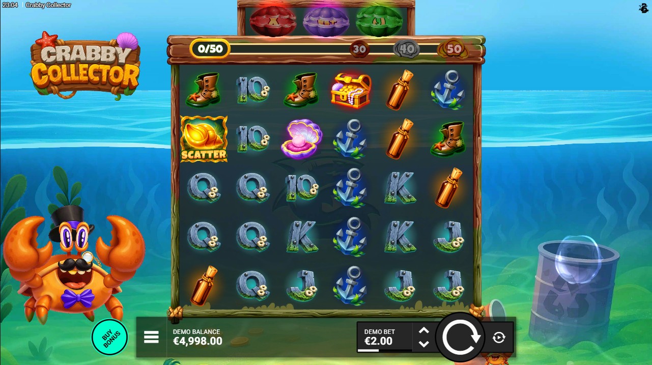Crabby Collector by Bullshark Games – base game, 96.27% RTP, High volatility, 6 reels Scatter Pays