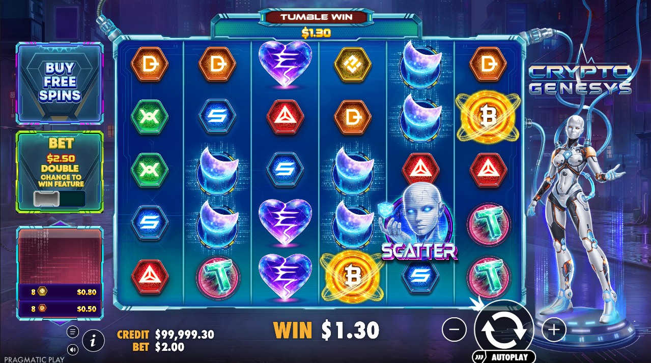 Crypto Genesys by Pragmatic Play — base game 6-reel scatter pays tumbling multipliers very high volatility 96.50% RTP