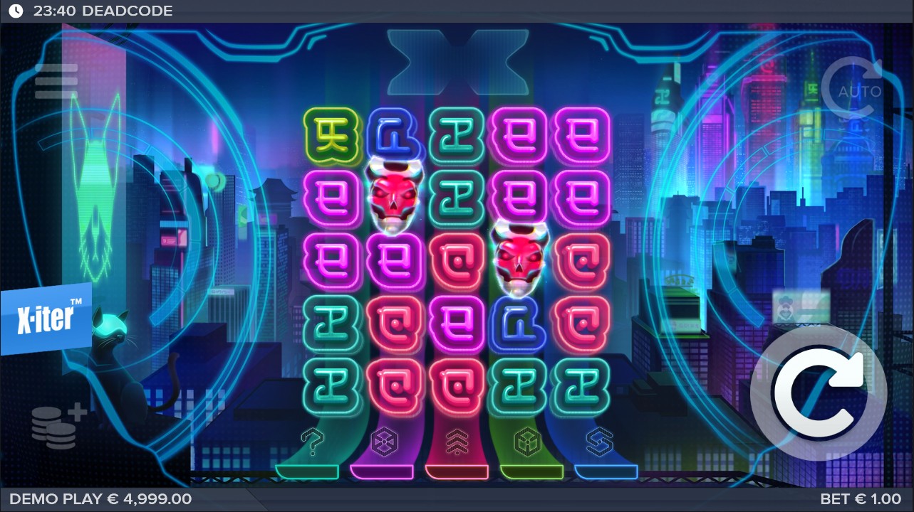 Deadcode by ELK Studios — base game, 5 reels cluster pays cyberpunk theme, 25.1% hit frequency