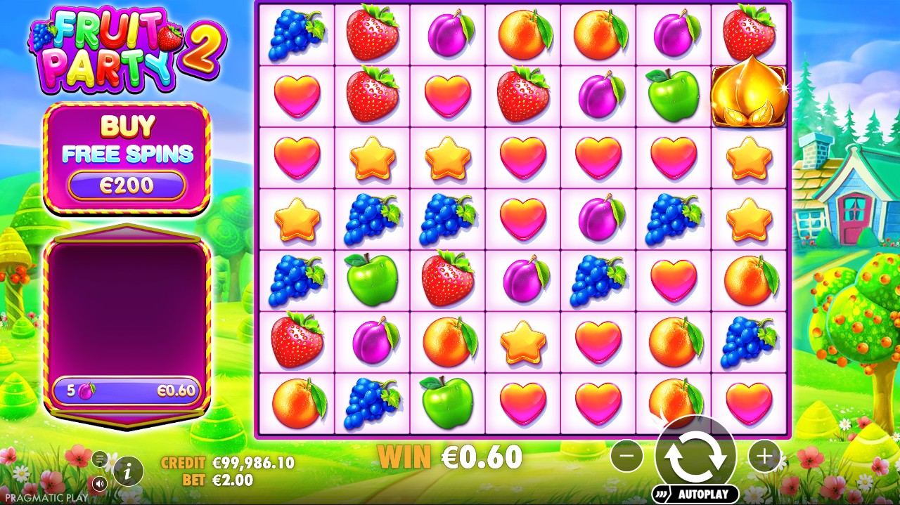Fruit Party 2 by Pragmatic Play – base game 7x7 cluster pays very high volatility fruit theme