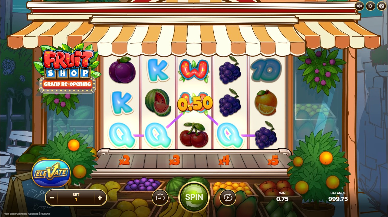 Fruit Shop Grand Re-Opening by NetEnt – base game 5 reels 34 paylines fruit shop theme