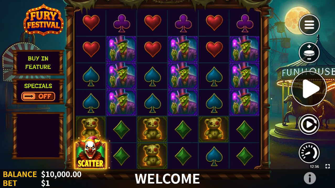 Fury Festival by Skywind – base game 6x6 Cluster Pays Cannons Bombs cell multipliers carnival theme