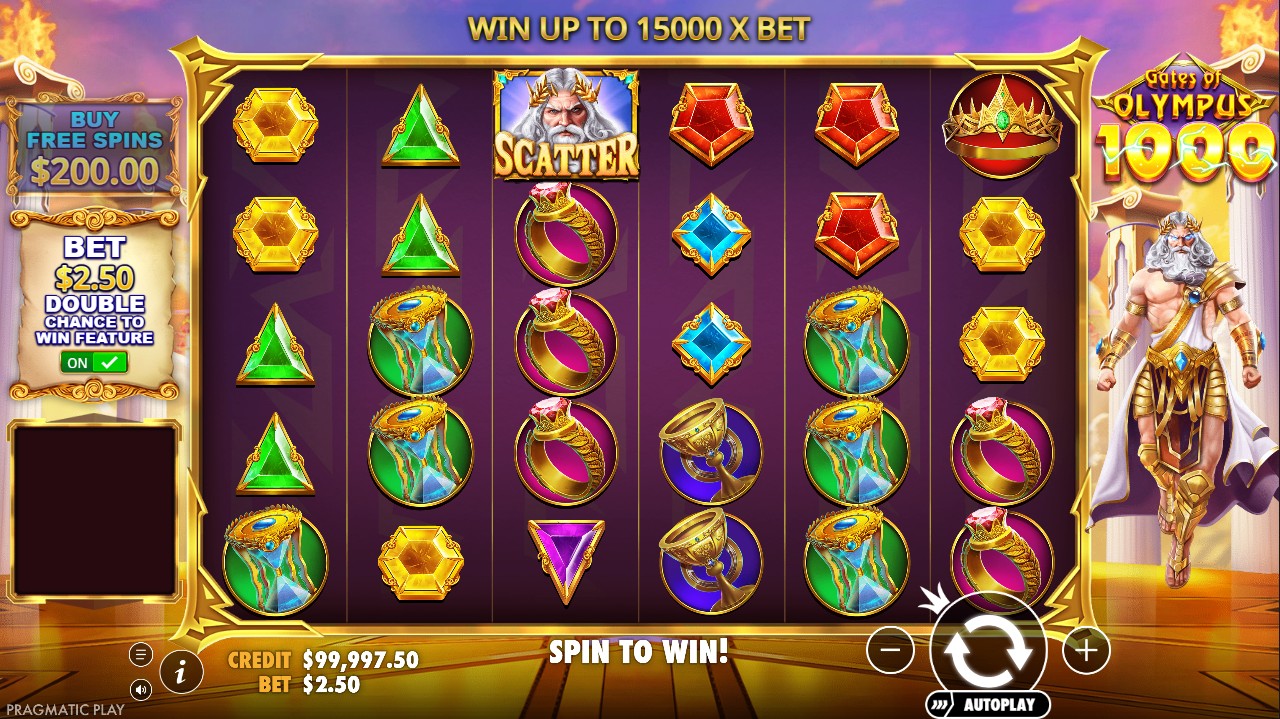 Gates of Olympus 1000 by Pragmatic Play – base game Zeus multipliers up to 1,000x scatter pays grid