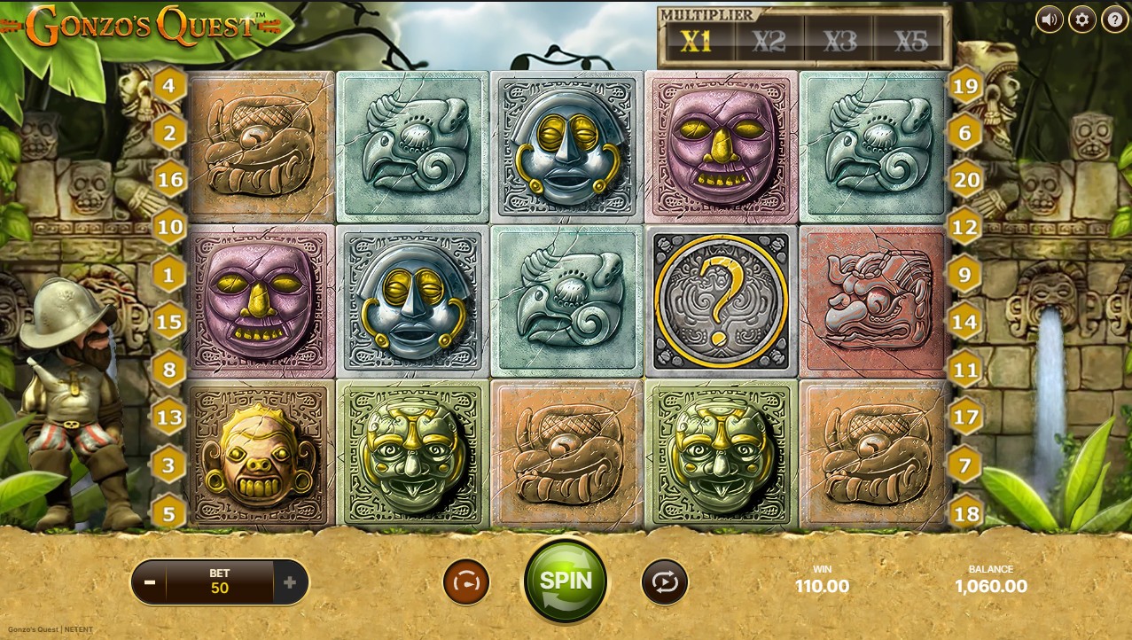 Gonzo’s Quest by NetEnt – base game avalanche mechanic cascading symbols Aztec explorer theme