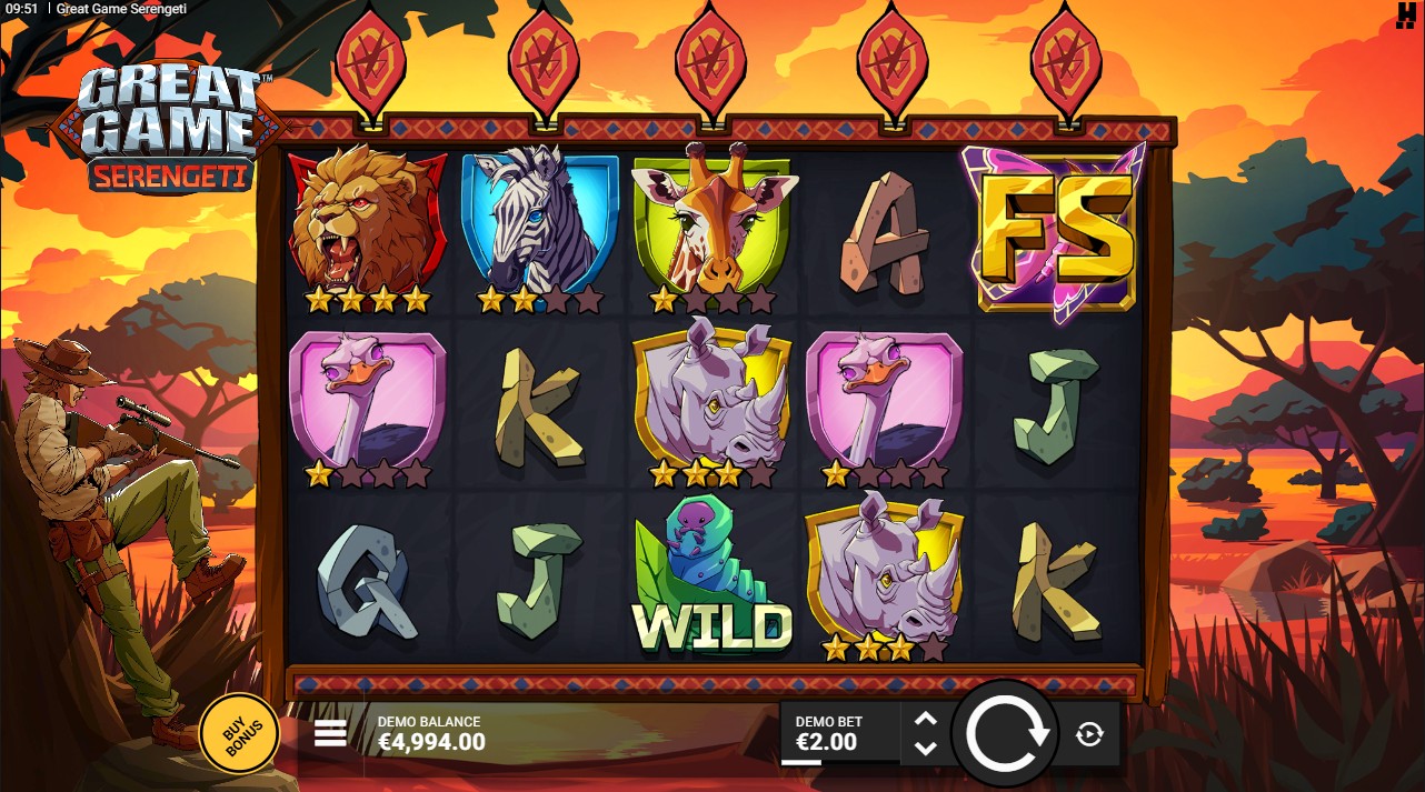 Great Game Serengeti by Hacksaw Gaming – base game with African wildlife symbols on 9-payline grid