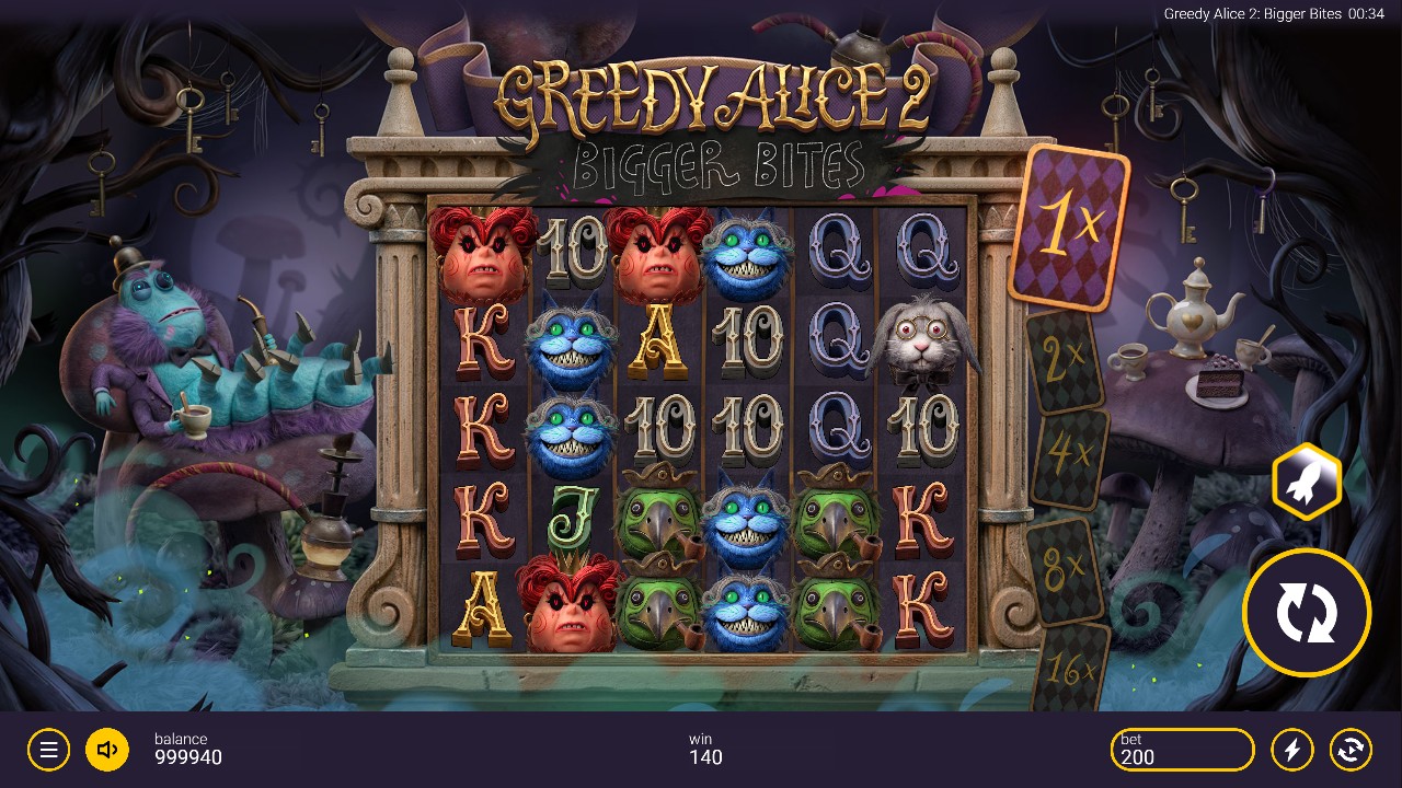 Greedy Alice 2: Bigger Bites by Peter & Sons – base game 6 reels Scatter Pays twisted Wonderland theme