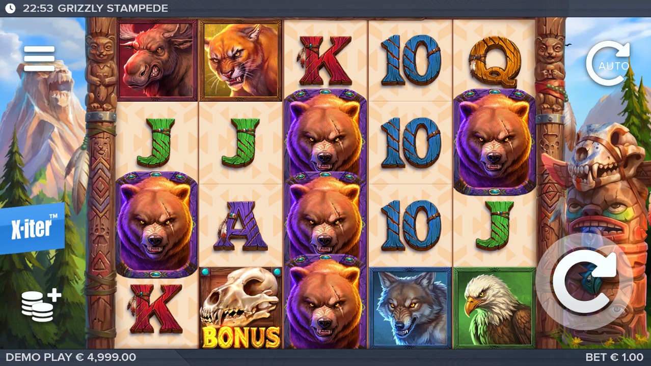 Grizzly Stampede by ELK Studios – 5×4 base grid with stampede symbols and totem charge meter
