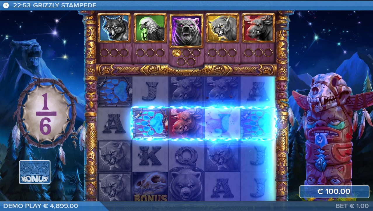 Grizzly Stampede – Free Spins bonus on the expanded 5×6 grid with Super Stampede active and wild multipliers