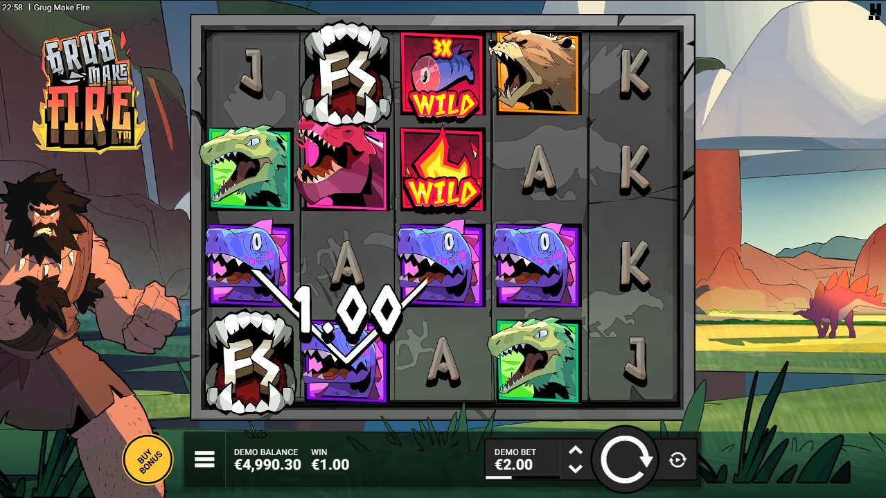 Grug Make Fire base game — 5-reel 14-payline layout by Hacksaw Gaming