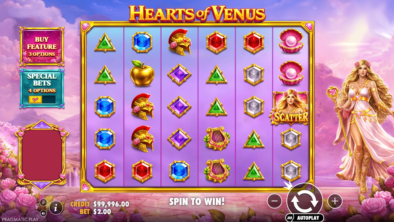 Hearts of Venus by Pragmatic Play – base game on 6×5 Scatter Pays grid with multiplier symbols