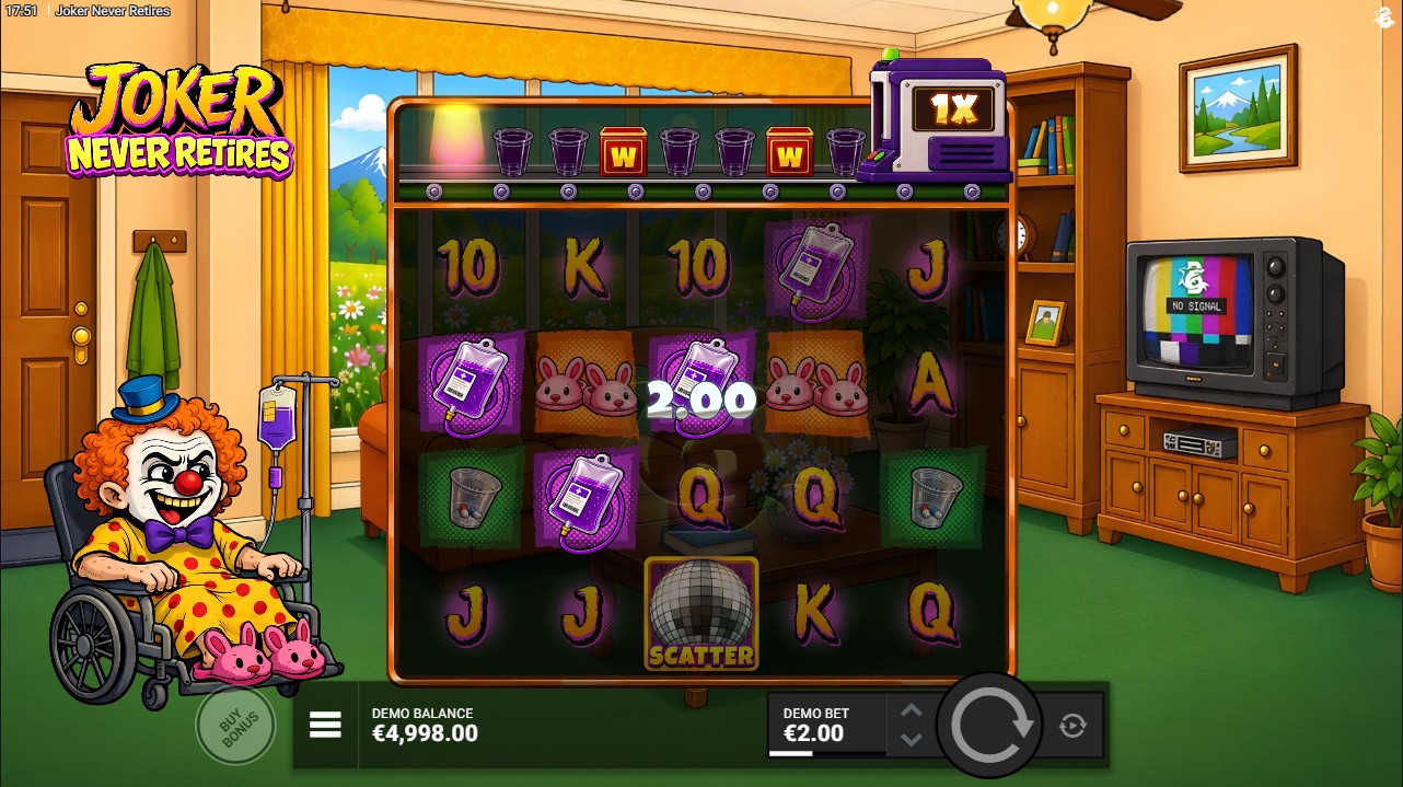 Joker Never Retires by Bullshark Games – base game on 5×4 cascading grid with Daily Dose trail active