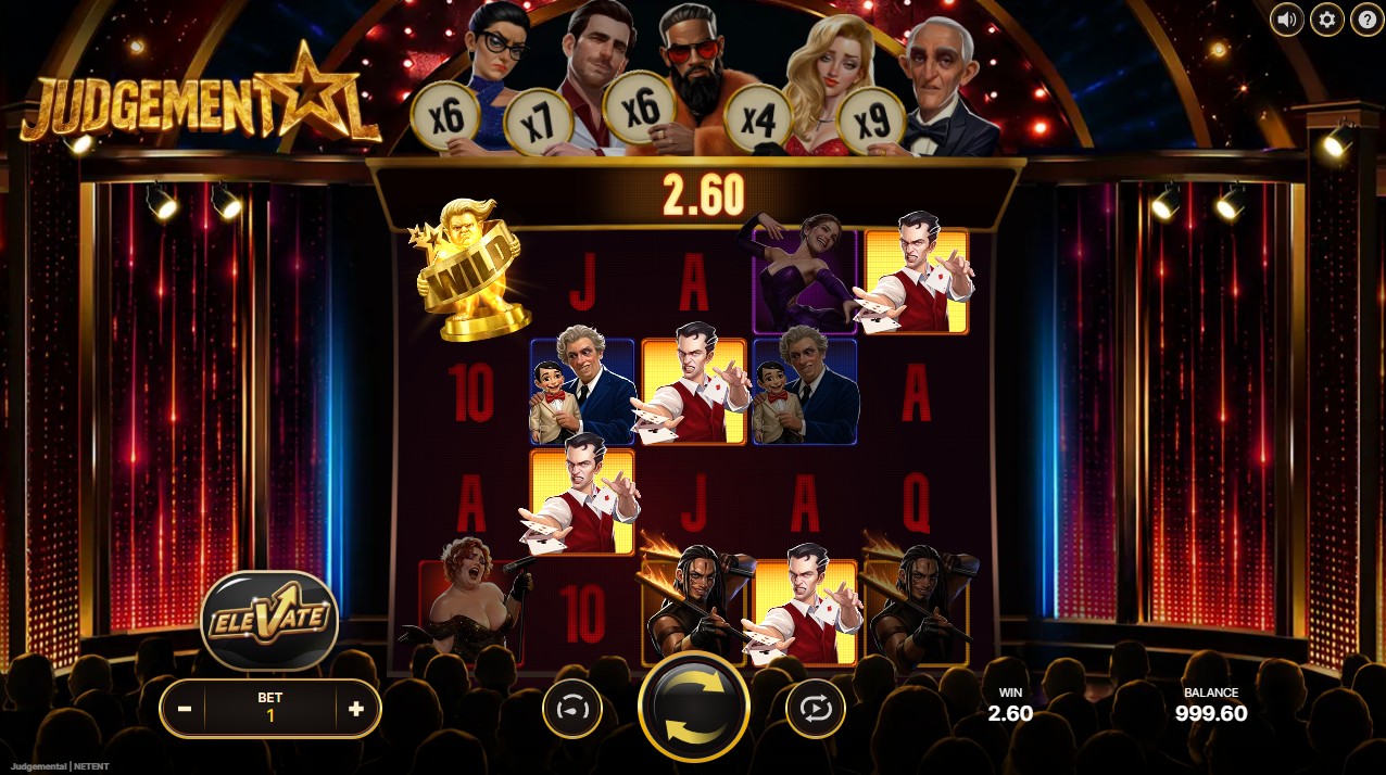 Judgemental by NetEnt – 5×4 courtroom grid with Judge multiplier symbol and bribe symbols active