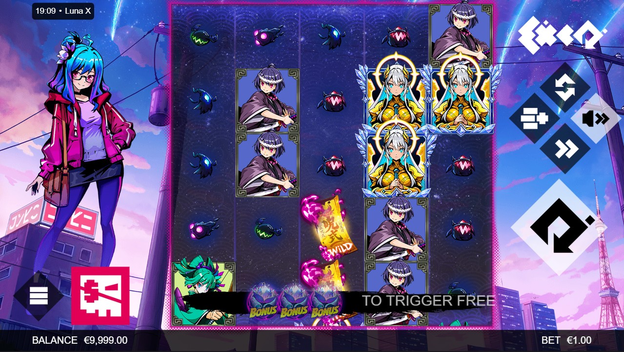 Luna X by Exco — base game 5 reels neon Tokyo midnight theme