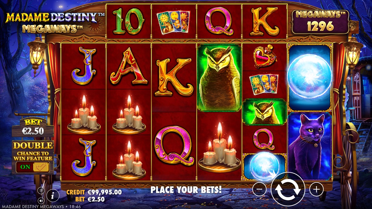 Madame Destiny Megaways base game with mystical symbols and crystal ball