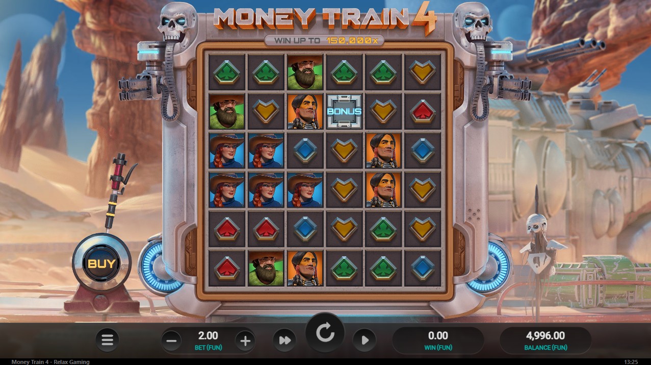 Money Train 4 by Relax Gaming – base game 6x6 grid 21 Money Cart modifiers extreme volatility
