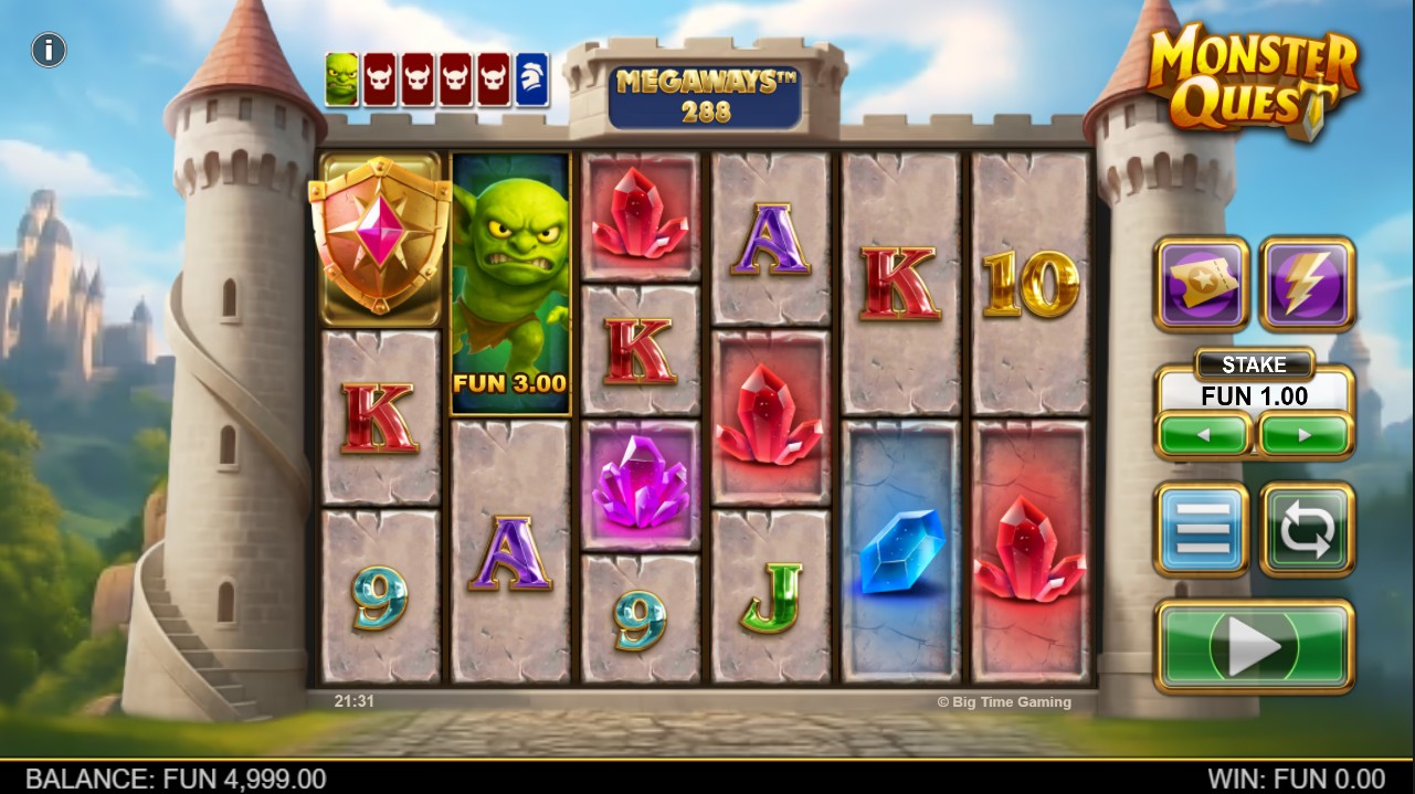 Monster Quest by Big Time Gaming – base game, 96.49% RTP, High volatility, 117,649 Megaways