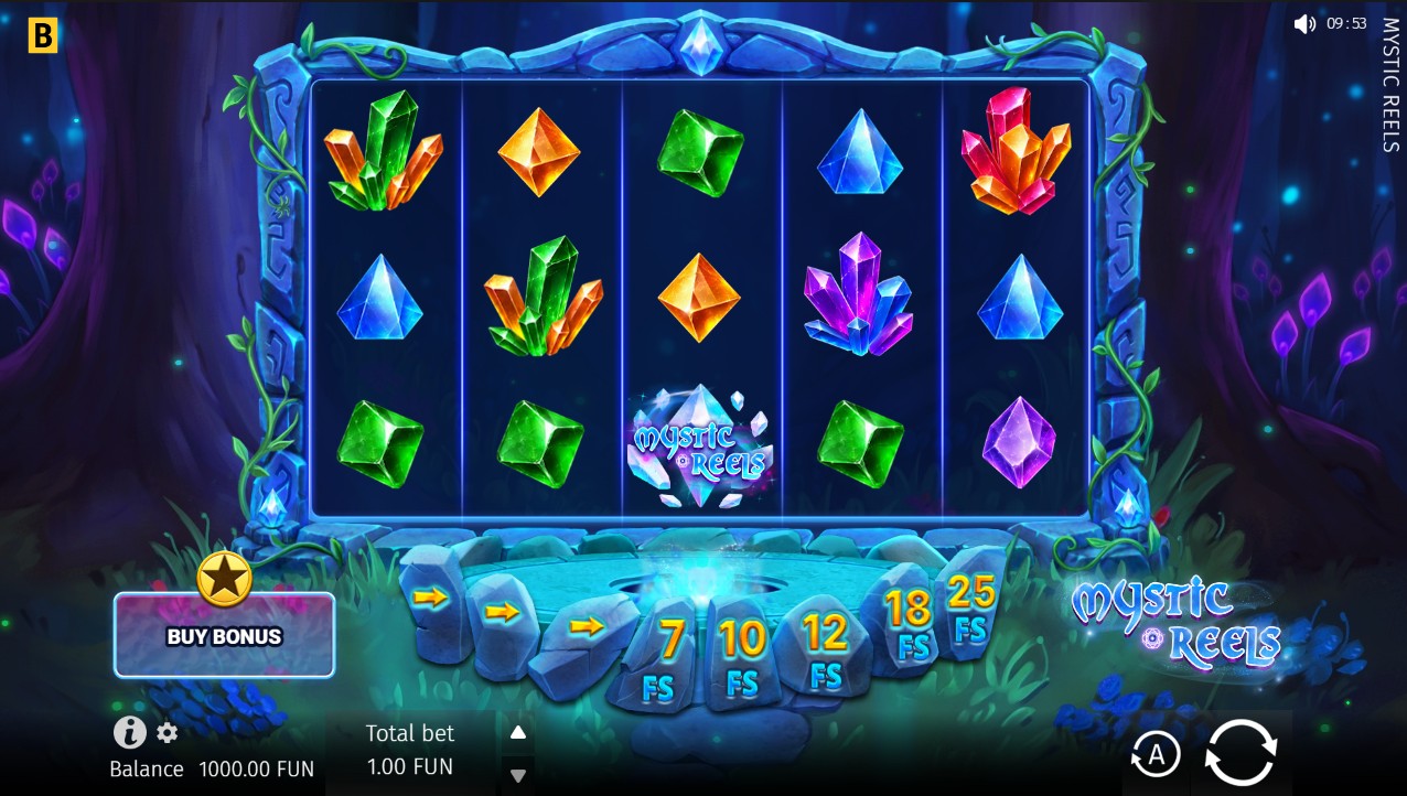 Mystic Reels by BGaming – base game cascading wins, Free Spins trail