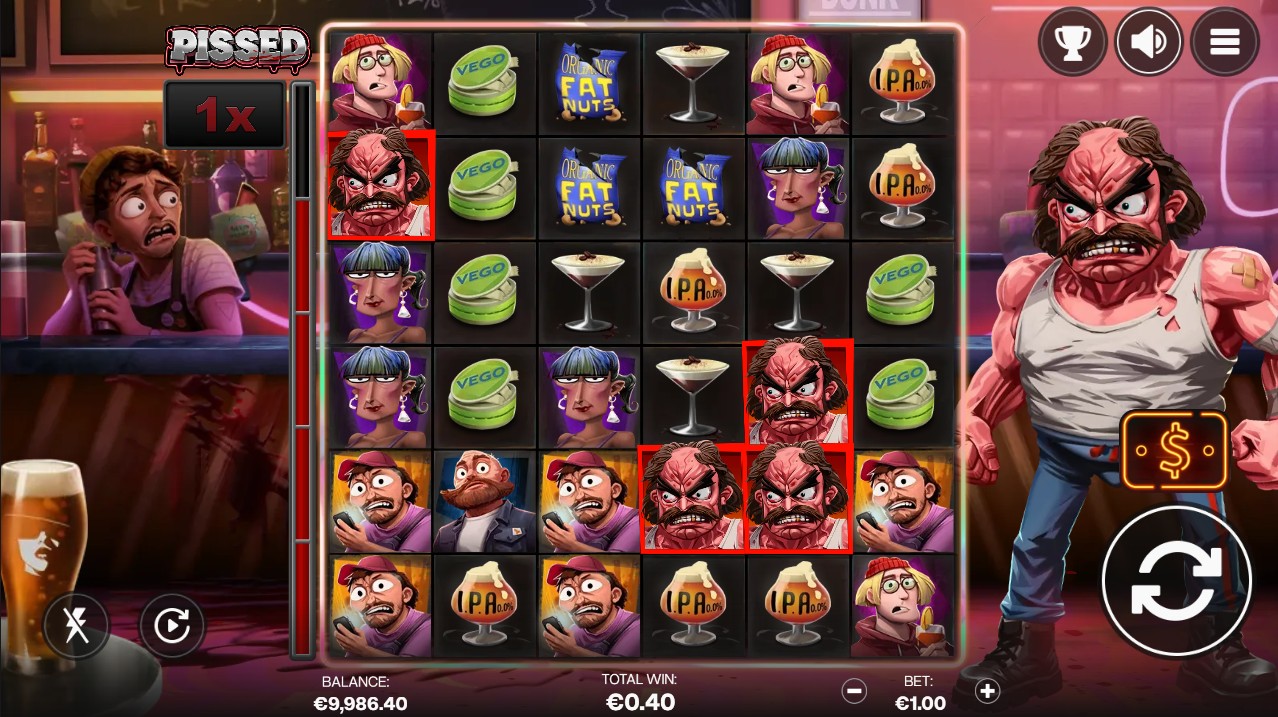 Pissed by Shady Lady – base game on 6×6 Scatter Pays grid with cascading mechanics