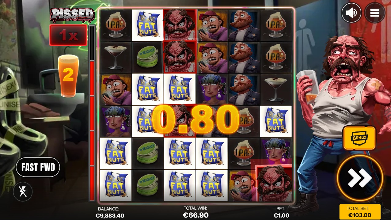 Pissed – Free Spins bonus round with cascading wins on the 6×6 Scatter Pays grid