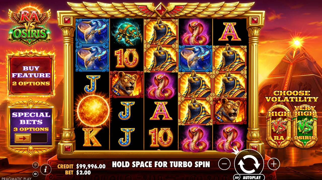 Ra vs Osiris by Pragmatic Play – 5×5 grid with expanding wild and multiplier active in base game