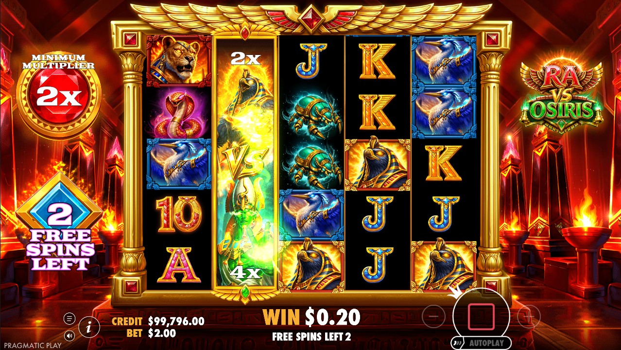 Ra vs Osiris – Free Spins bonus with walking wild carrying a high multiplier across the reels