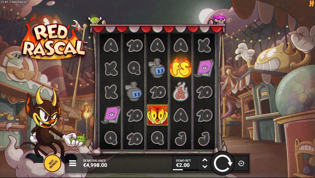 Red Rascal by Hacksaw Gaming — base game, 5 reels 19 paylines arcade cartoon theme, $0.10 min bet